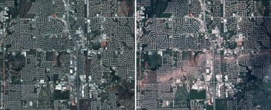 Foto: Moore (Oklahoma) desde el espacio, antes y después del tornado (ASTRIUM)