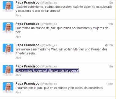 Foto: El Papa Francisco reitera en Twitter su "nunca más" a la guerra (TWITTER.COM/PONTIFEX_ES)